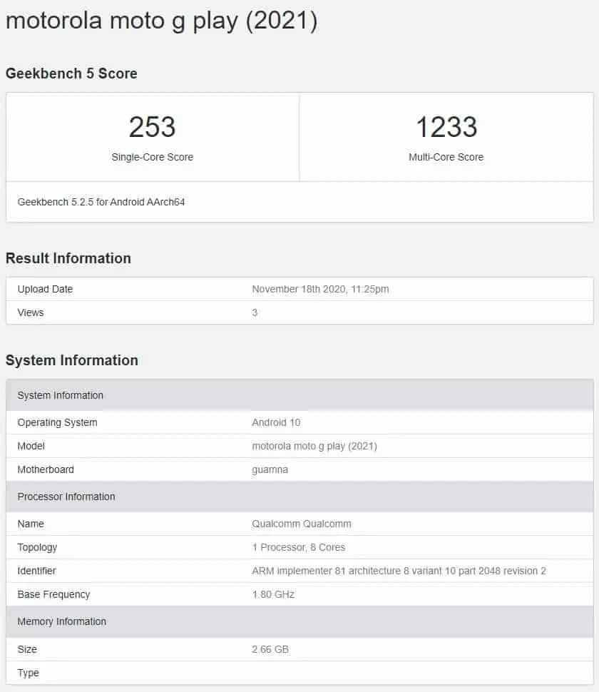 Moto G10 Play geekbench