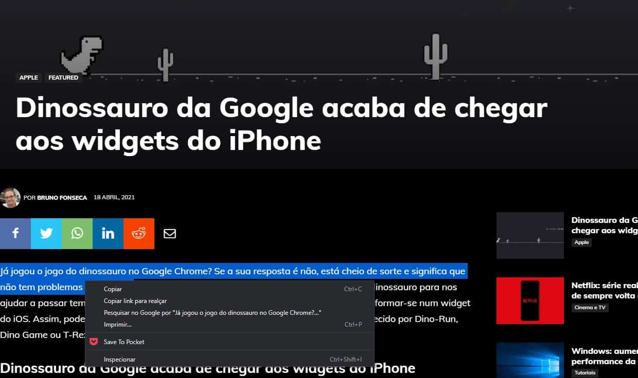 Google Chrome 90 partilha de texto