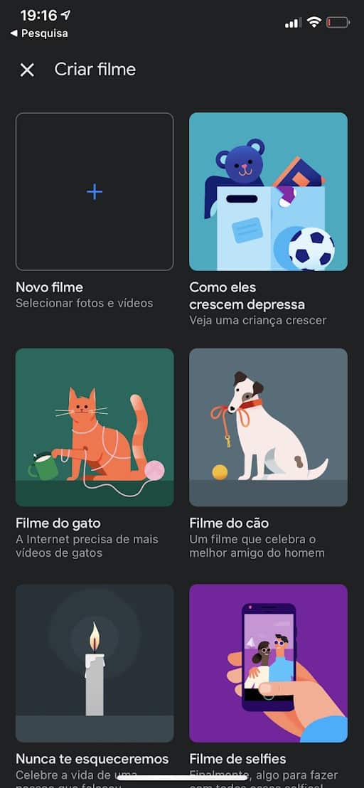 Google Fotos filmes temáticos