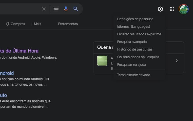 Pesquisa da Google modo escuro
