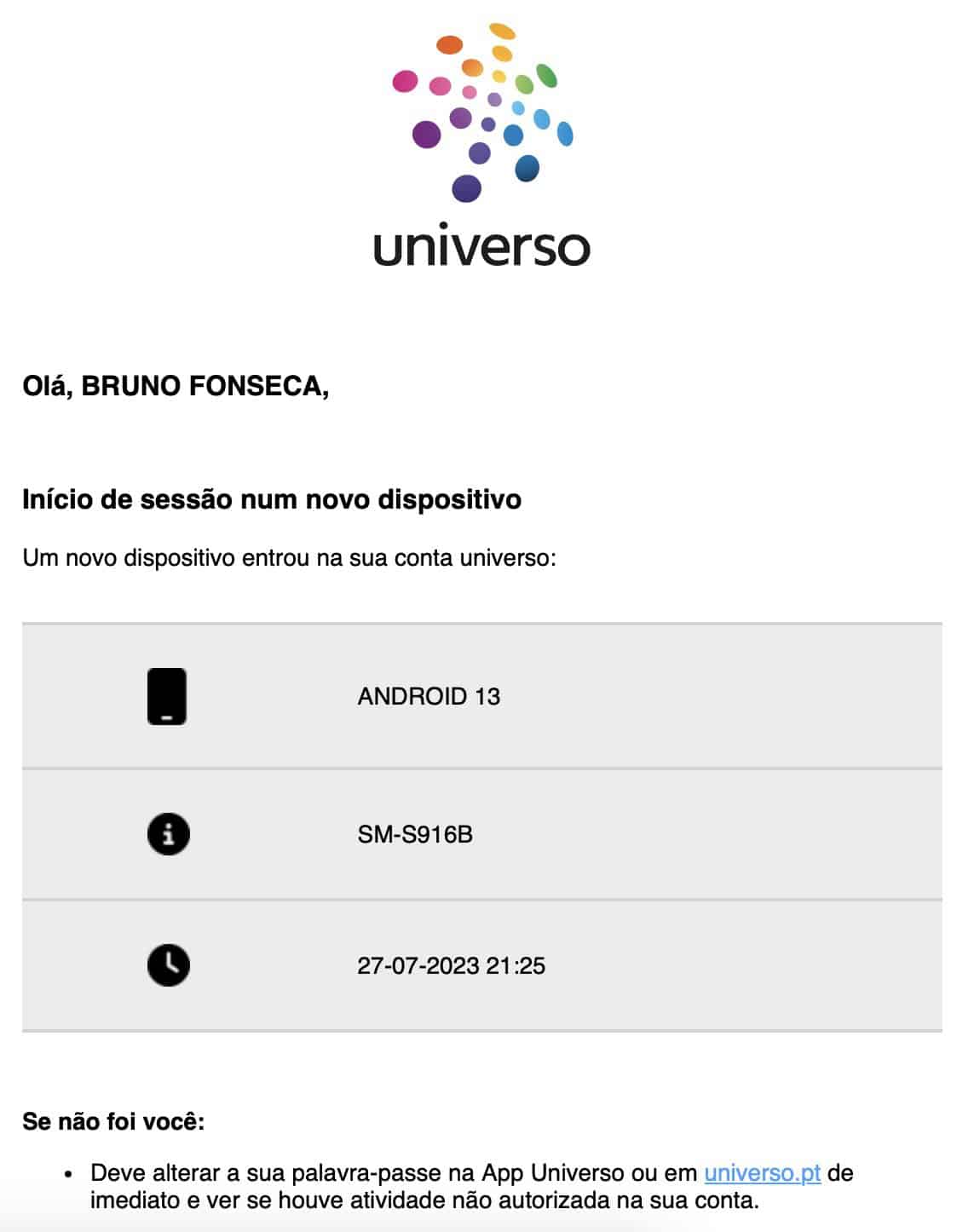 mensagem do Cartão Universo