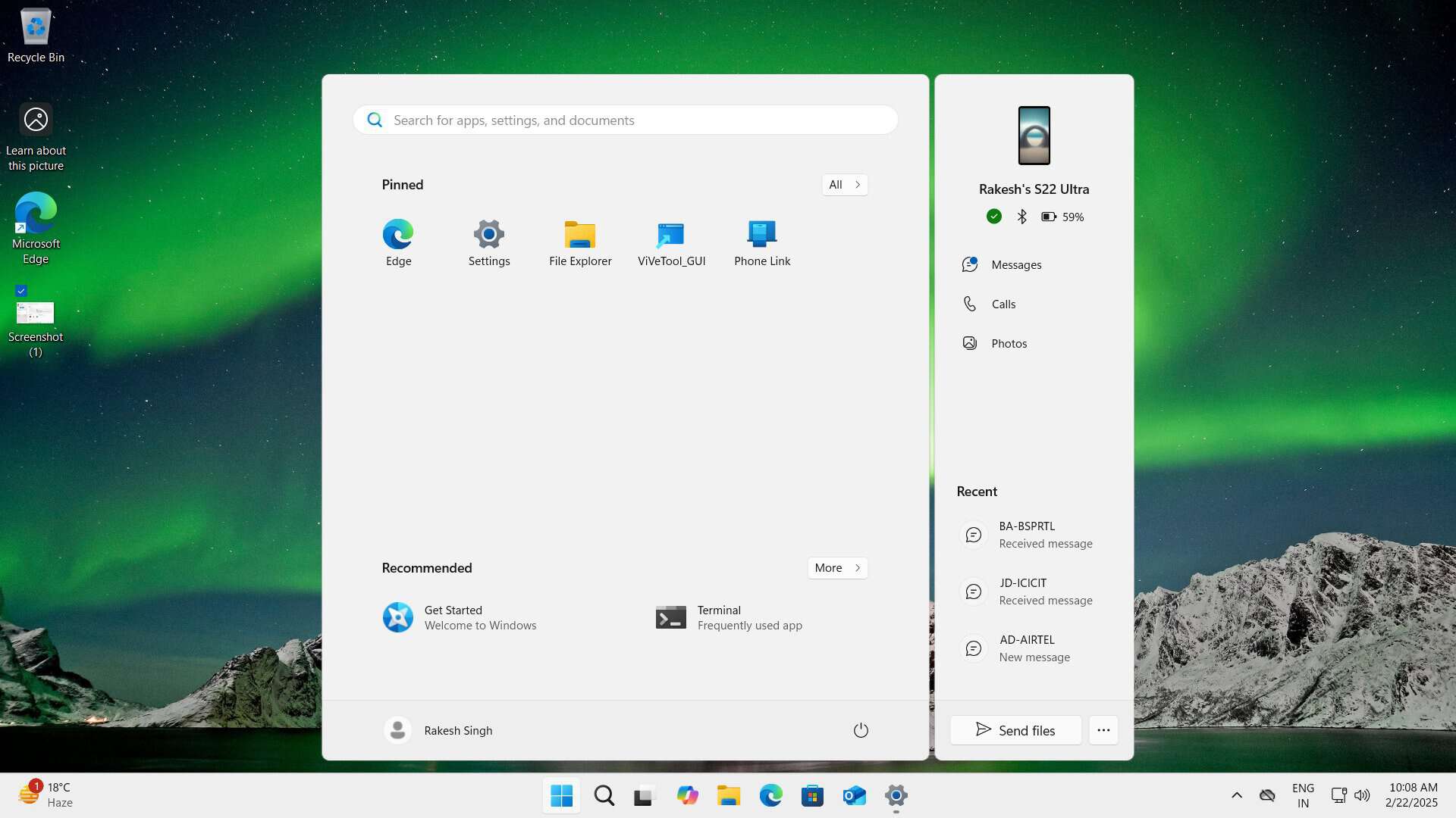 windows 11: menu iniciar envia ficheiros para smartphones android